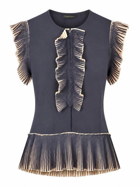 Stella Nova Tops - Stella Nova Copenhagen Ruffle Pleated Sleeveless Blouse Navy Cream EU 40 US 8